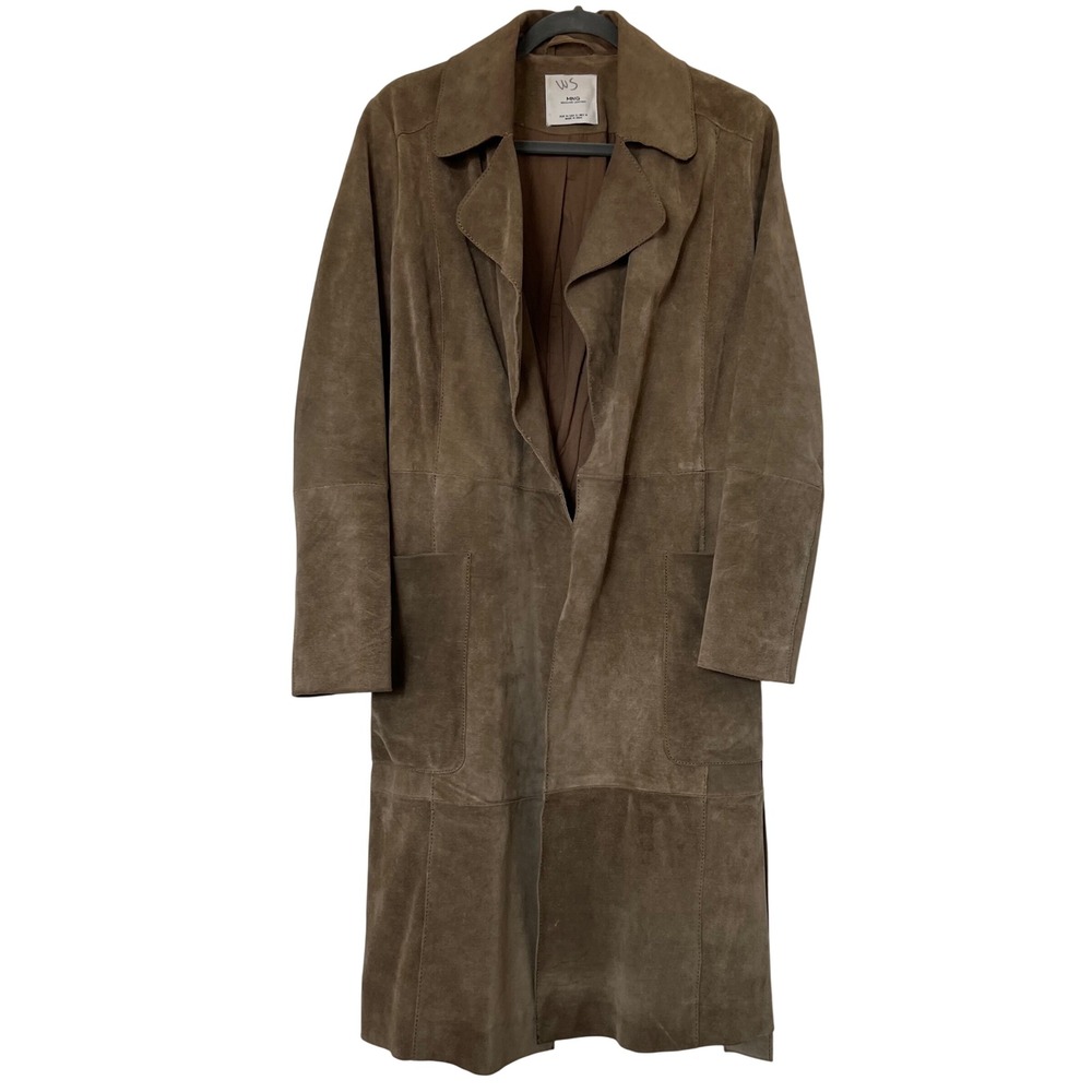 MNG Mango Genuine Leather Suede Trench Coat Belted‎ Taupe Double Breasted - Picture 4 of 16